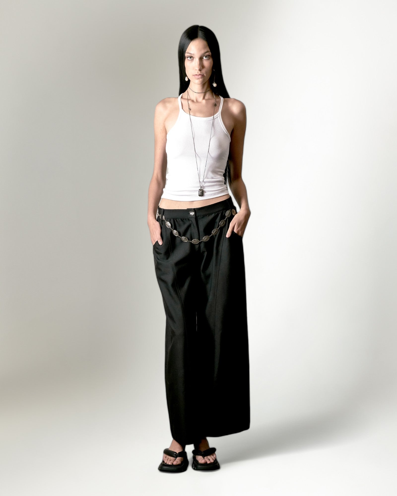 SUITING NOIR WIDE-LEG PANTS WITH SILVER MOTIF CHAIN