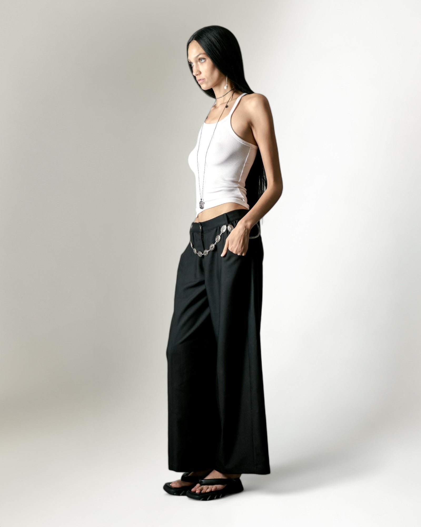 SUITING NOIR WIDE-LEG PANTS WITH SILVER MOTIF CHAIN