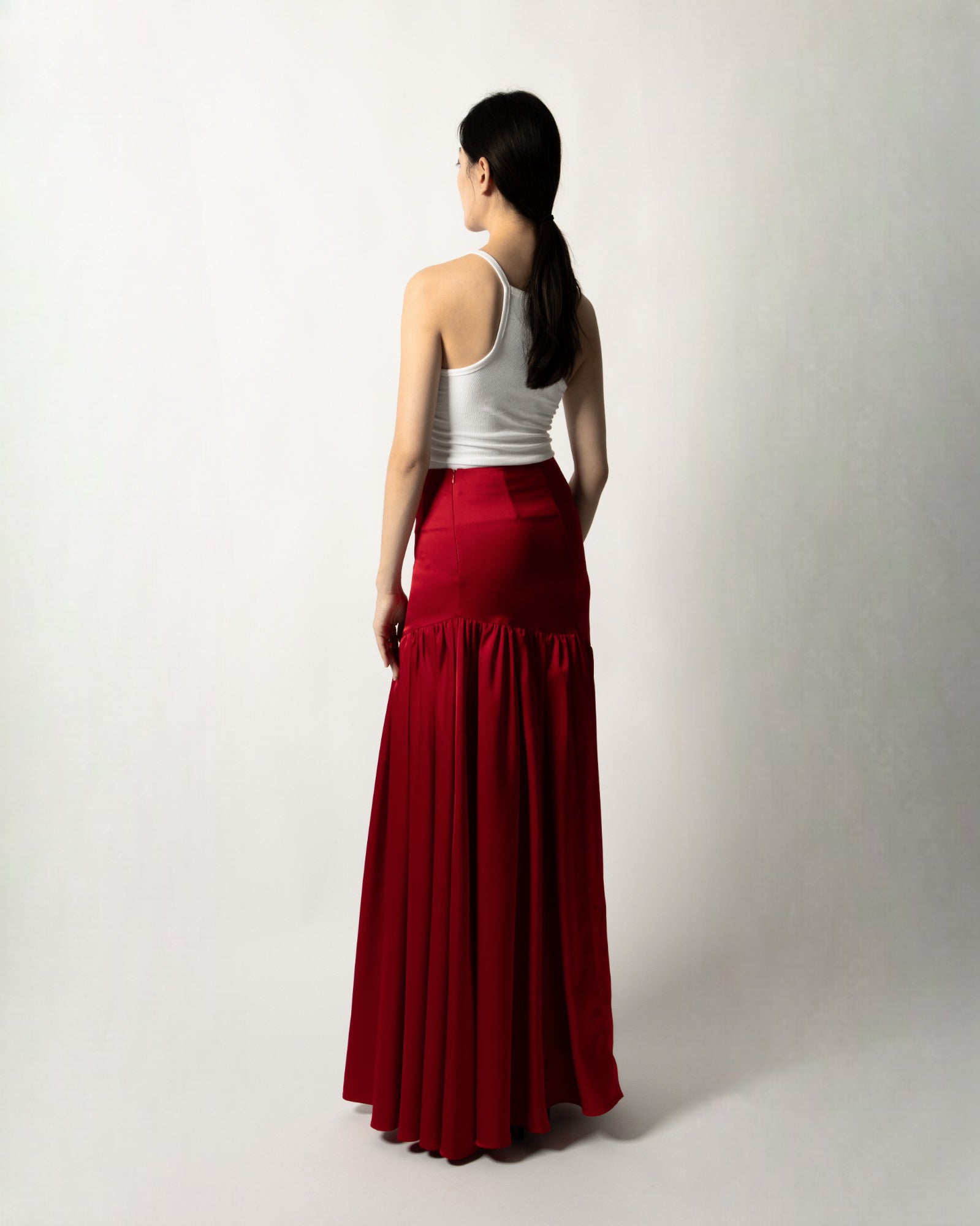 SCARLET ASYMMETRICAL GATHERED SKIRT