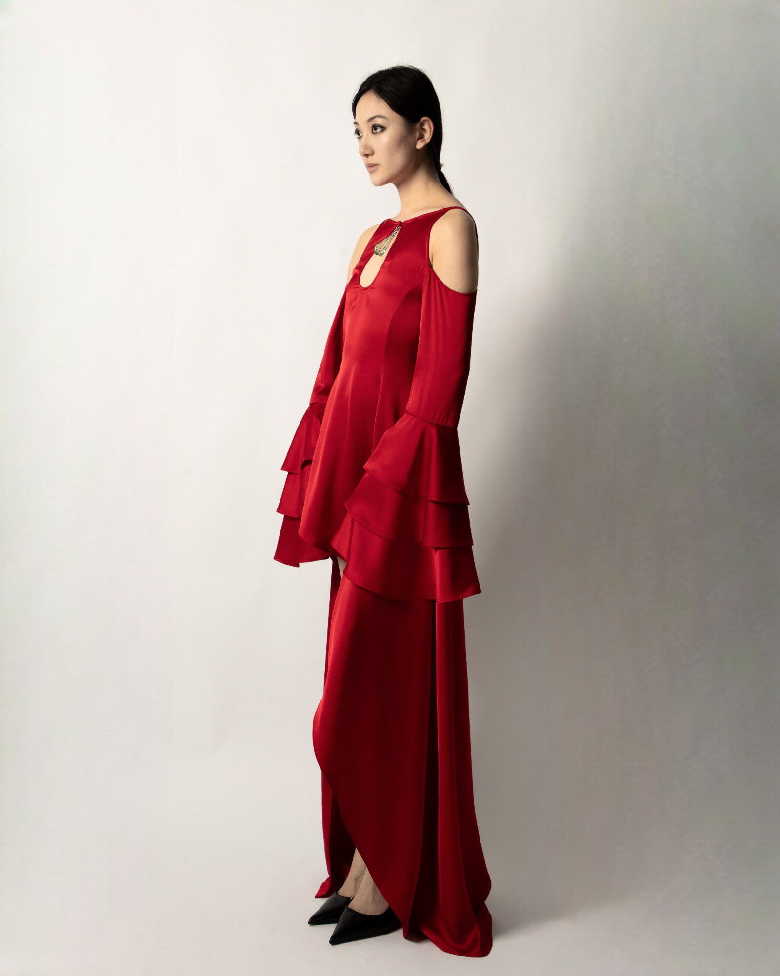 SCARLET ASYMMETRICAL MAXI DRESS